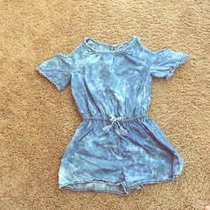 Mock denim romper with cut off shoulders